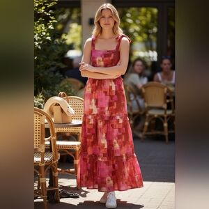 Peach Love California Abstract Pink and Red Midi Dress